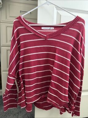 Altar'd State Raspberry and White Striped V-Neck Knit Sweater